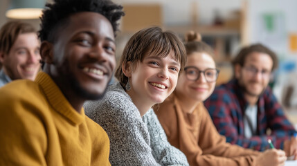 Obraz premium Supportive Teacher Guiding a Diverse Group of Students with Intellectual Disability (Intellectual Developmental Disorder) in a Bright Classroom Setting. Inclusive Education Environment for Childrens
