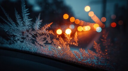Ultra-detailed frost patterns on a car windshield from the inside, bokeh city lights glowing outside