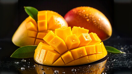 Whole and sliced Sapūrana mango on a white surface, highlighting its deep golden color.