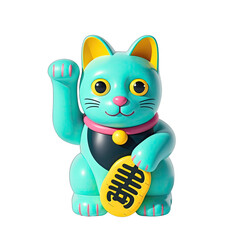 Cute Cartoon Maneki Neko Lucky Cat in Vibrant Colors, Kawaii Japanese Charm Illustration Isolated on White Background, Generative AI