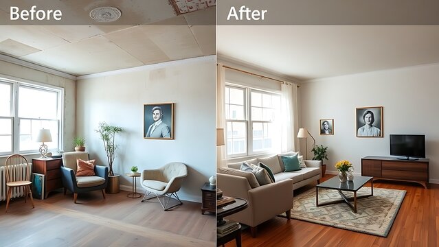 Side-by-side room transformation showing worn outdated decor versus fresh modern furnishings under soft natural lighting.