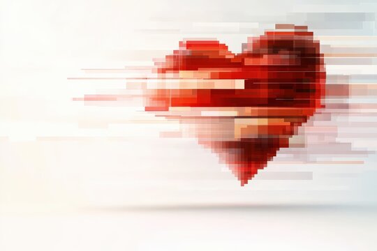 A pixelated red heart appears to be in motion, symbolizing love and connection through dynamic, colorful blocks.