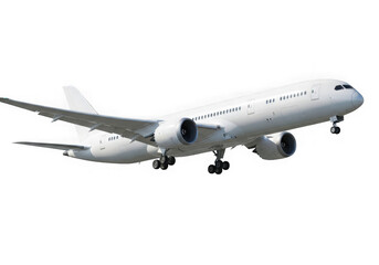 White passenger jet airplane flying isolated on transparent background