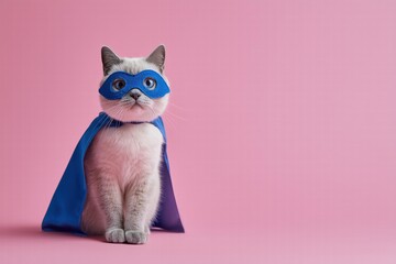 Cat in blue superhero mask cape on pink background, cute heroic character