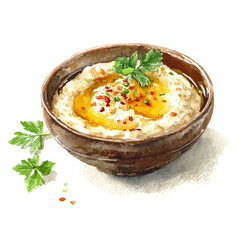 A watercolor painting of Baba Ganoush, vector illustration on white background.