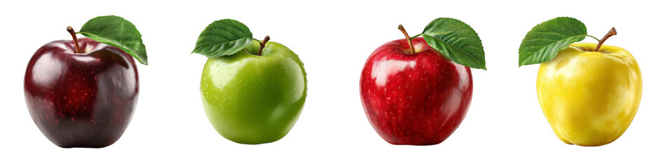 assorted apples red green yellow black shiny fresh fruits on transparent background