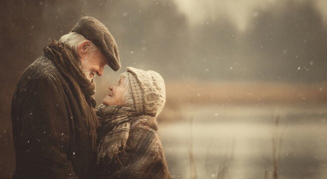 Elderly couple embracing outdoors in gentle snowfall, pressing foreheads together with joyful expressions, dressed in layered warm clothing, sharing love and connection in soft glowing light. - Powered by Adobe