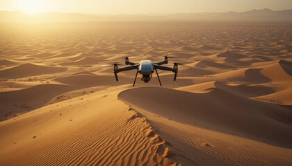 Professional drone hovering over vast sand dunes in a desert landscape during a golden sunrise, capturing the tranquil and breathtaking scenery from an aerial perspective