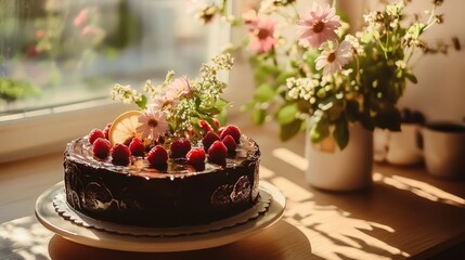 Naklejka premium Delicious Chocolate Cake with Berries and Flowers on a Sunny Table