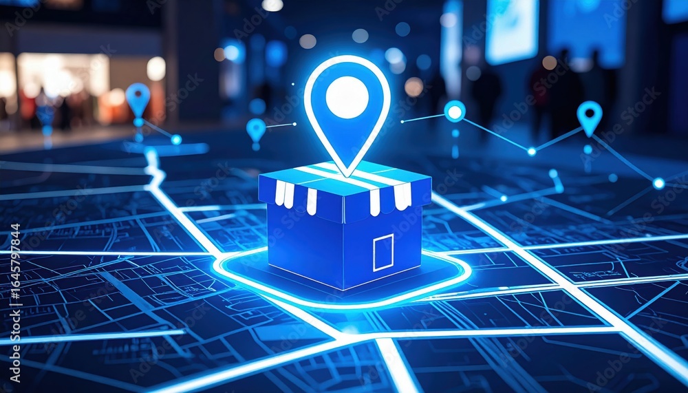 Poster a digital map with a package icon and location markers representing delivery tracking.