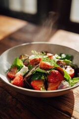 A colorful salad features an array of fresh vegetables topped with creamy goat cheese. The dish is presented attractively in a cozy dining area, highlighting its freshness and appeal