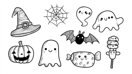 Black and white Halloween illustrations of ghosts, pumpkins, and treats