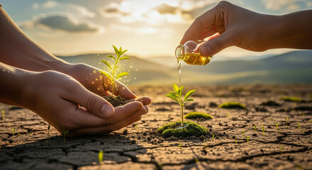 Woman holding a glowing seedling in barren land while another woman waters a plant. Concept of growth and hope for a better future.