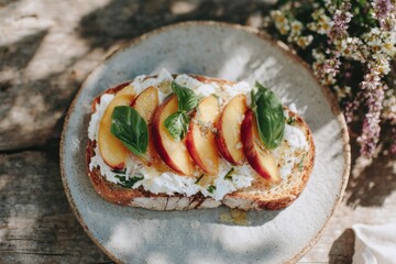 This beautiful toast features a generous layer of cream cheese, juicy peach slices, and fresh basil leaves. Perfect for breakfast or a light snack, served on a rustic plate in natural light