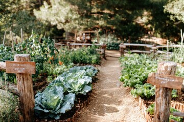 Walk along a well-tended path through a vegetable garden featuring raised beds filled with fresh greens and colorful plants, surrounded by lush foliage and natural scenery