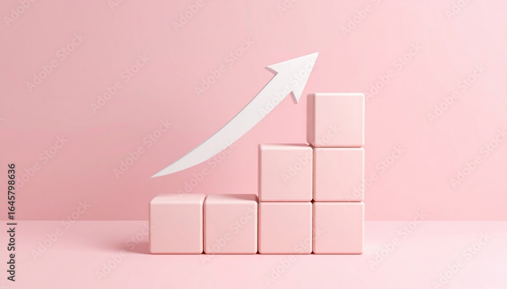 Poster pink blocks stacked with an upward arrow symbolizing growth and progress against a pink background.
