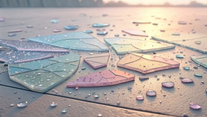 Shattered pastel glass pieces scattered on a surface with scattered water droplets, captured in soft warm sunset light.