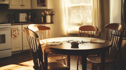 Cozy Kitchen with Sunlight and Wooden Dining Table in a Home Setting
