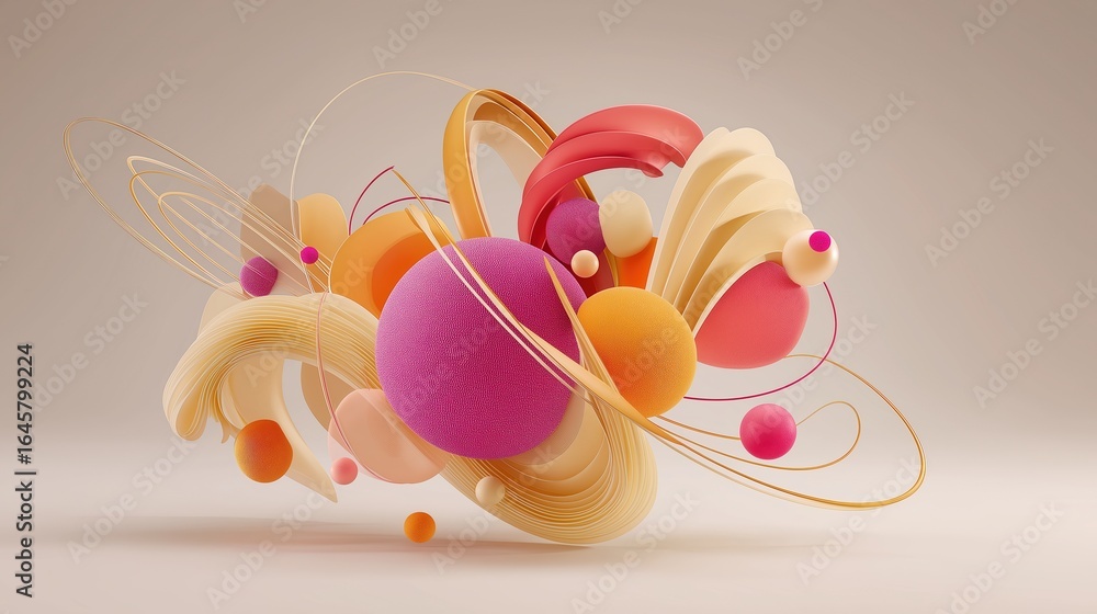 Poster colorful abstract 3d composition with floating shapes and dynamic swirls in colorful objects and pas