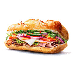 A watercolor painting of Banh Mi, vector illustration on white background.