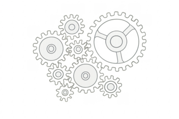Interlocking gears rotating on transparent background: teamwork and precision