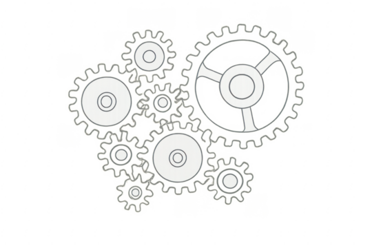 Interlocking gears rotating on transparent background: teamwork and precision