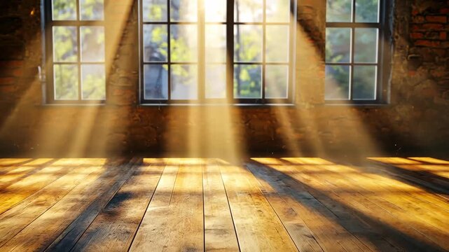 Sunlit Loft Dynamic Rays Dance Across Rustic Wood Floor in BrickWalled Interior.