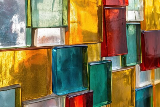 A close up of a colorful wall of glass