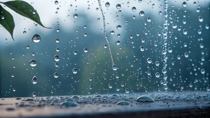 Clear water droplets on a glass window with a soft-focus view of trees and greenery in a calm, rainy atmosphere.