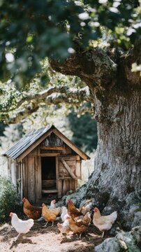 A charming vintage chicken coop stands under a sprawling tree as free-ranging chickens peck at the ground, enjoying a warm sunny day in a peaceful rural environment