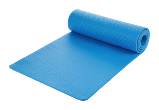 Yoga practice essentials blue exercise mat home gym product indoor top-down fitness routine. Cut out png