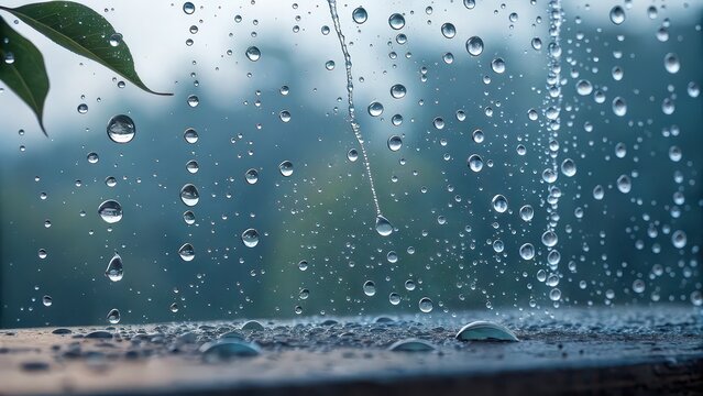 Clear water droplets on a glass window with a soft-focus view of trees and greenery in a calm, rainy atmosphere.