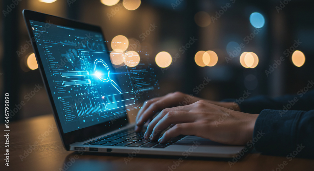 Fototapete hands typing on a laptop displaying a digital interface with a magnifying glass icon, suggesting dat