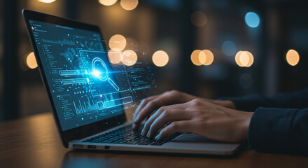Hands typing on a laptop displaying a digital interface with a magnifying glass icon, suggesting data analysis or search. Bokeh lights in the background.