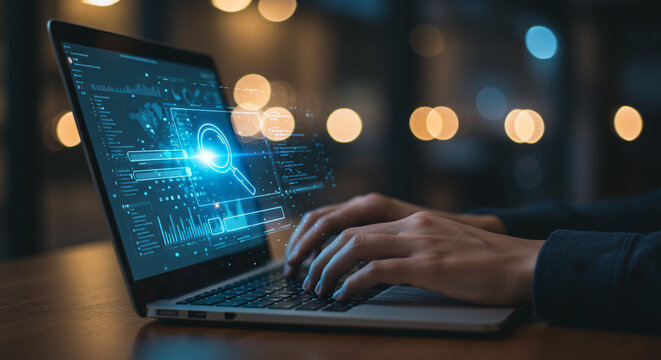 Hands typing on a laptop displaying a digital interface with a magnifying glass icon, suggesting data analysis or search. Bokeh lights in the background.