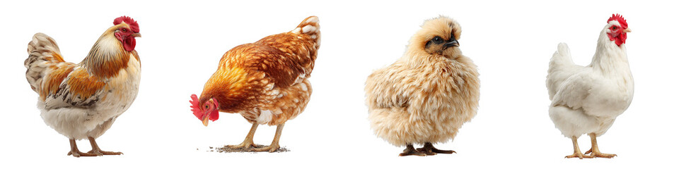 Fototapeta premium colorful variety of chicken breeds displaying distinct features on transparent background