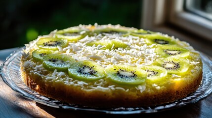 Delicious Kiwi Coconut Cake with Fresh Fruit Topping and Coconut