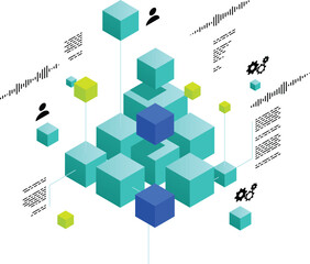 An abstract geometric arrangement of cubes and spheres is depicted in a stylized graphic.
