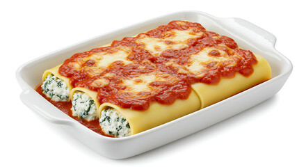 Studio shot of cannelloni stuffed with ricotta and spinach, topped with marinara sauce, in a white ceramic dish, white background