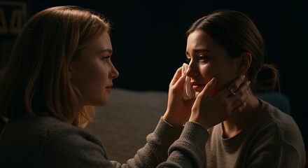 A supportive friend comforts a crying woman, offering a tissue and a gentle touch, highlighting the importance of empathy and connection during difficult times