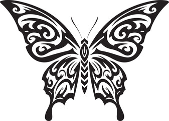 Elegant Black Tribal Butterfly with Detailed Ornamental Wing Patterns tattoo black and white