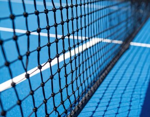 Tennis net on blue court closeup