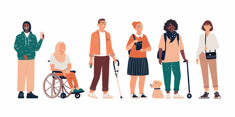 Diverse group of people with disabilities and a service animal