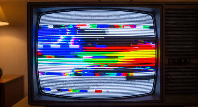 Retro tv with distorted color bars on screen