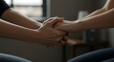 Obraz premium Closeup of hands clasped together in a gesture of support, care, and comfort, conveying empathy, compassion, and friendship in a warm and intimate setting
