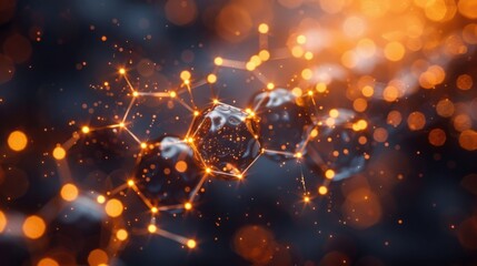 Glowing network structure with polygonal crystal shapes