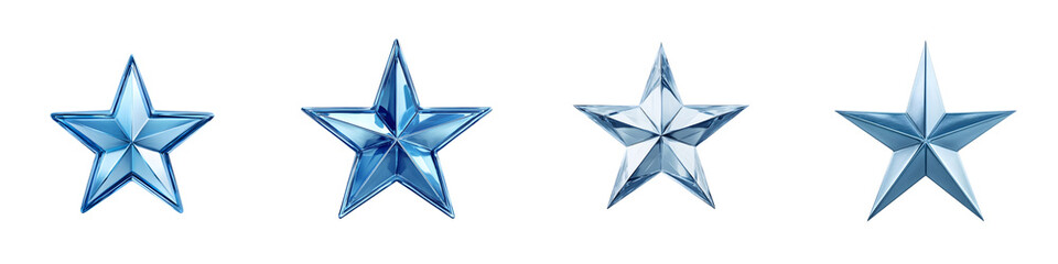 Obraz premium Set of Four Blue Metallic Stars on White: Awards, Christmas, or Decorative Elements