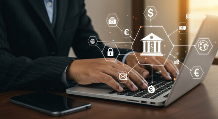 A person in a suit types on a laptop surrounded by digital icons representing banking, security, and global finance.