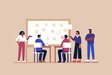 Diverse team collaborates around a whiteboard with sticky notes