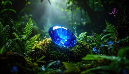 Dazzling Blue Gemstone Surrounded by Lush Green Forest Vegetation